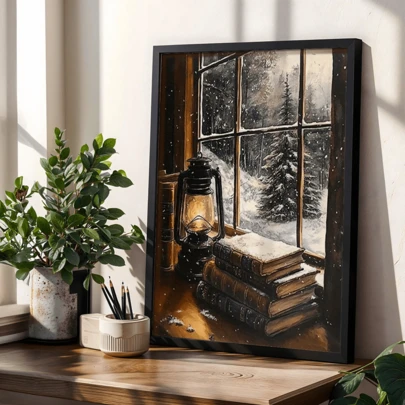 1 件帆布印刷品，冬季雪景与旧灯笼和书籍壁画，布质装饰海报，适用于家庭和办公室装饰，舒适简单的艺术品，如帆布墙艺术，时髦女孩艺术，励志名言艺术，家居装饰，帆布挂件，