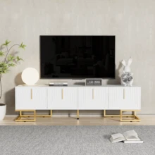 TV-Schrank mit strukturierten Türen | Goldene Griffe & goldene Füße | Modernes Lowboard | Elegantes TV-Möbel - Weiß + Spanplatte + 70-79 Zoll-1 - Übersicht 1