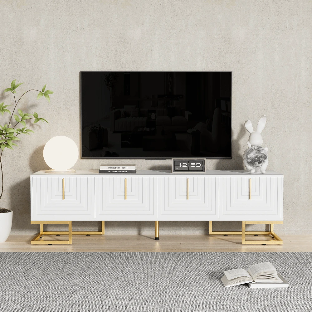 TV-Schrank mit strukturierten Türen | Goldene Griffe & goldene Füße | Modernes Lowboard | Elegantes TV-Möbel - Weiß + Spanplatte + 70-79 Zoll-1 - Übersicht 1