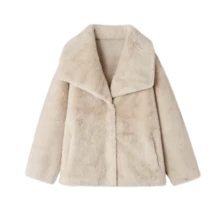 女士优雅加厚仿毛领夹克，奢华纯色皮草大衣，精致简约修身秋冬外套 - 杏色 - 查看 7