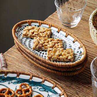 1pc 7.87*4.53*1 Inch Compact Ceramic Woven Patchwork Nut/Snack Bowl, Tabletop Storage Dish, Hotel/Home Use Porcelain Tea Table Nuts/Snacks Decorative Tray