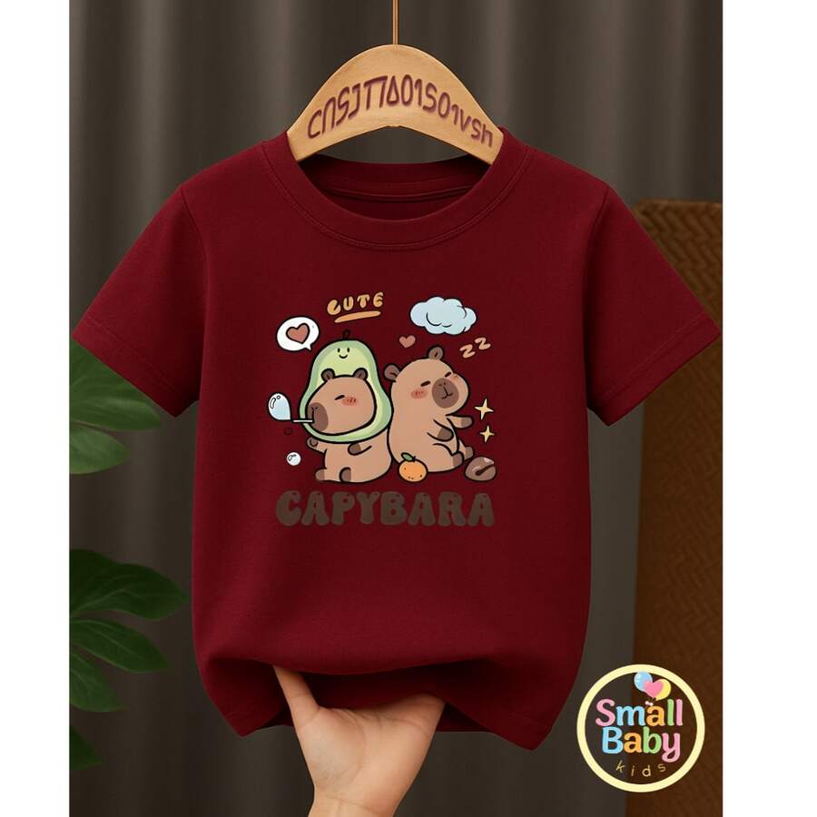 Kids' Unisex Capybara T-Shirt With Cool Printed Character Design - Burgundy - View 1
