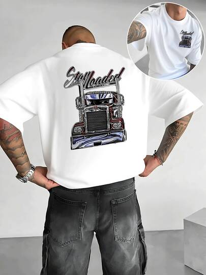 Camiseta Estampada Doble Cara para Hombre,Diseño de Camión Clásico con Texto Stay Loaded,Estilo Urbano y Moderno,220g,Ideal para el Día a Día.