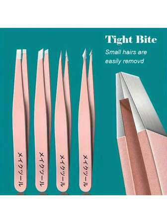  4-Piece Set Of Precision Stainless Steel Eyebrow Trimming Tweezers, Suitable For Hair Removal And Debris Cleaning, With Angled Design And Sharp Edges