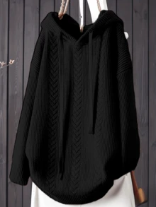 Große Größen einfarbiger Loose Fit Kapuzenpullover mit Tunnelzug, Herbst/Winter - Schwarz - Übersicht 1