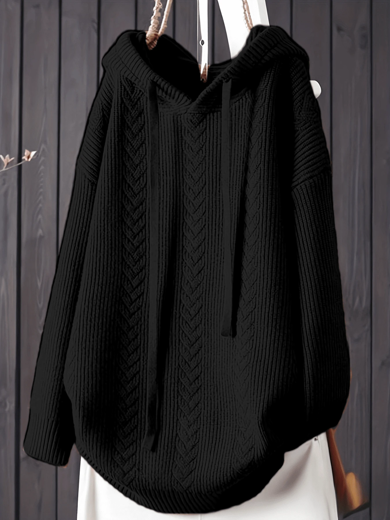 Große Größen einfarbiger Loose Fit Kapuzenpullover mit Tunnelzug, Herbst/Winter - Schwarz - Übersicht 1