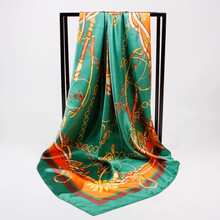 Women's Satin Scarf, Square, 90x90 Cm, Printed, Elegant Satin Scarf - 綠旗 - 查看 5