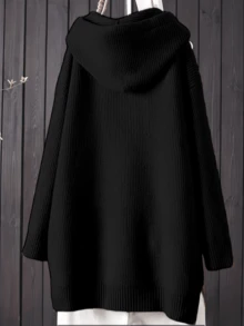 Große Größen einfarbiger Loose Fit Kapuzenpullover mit Tunnelzug, Herbst/Winter - Schwarz - Übersicht 2