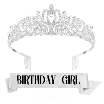 9pcs Rhinestone Decor Birthday Party Crown & Sash Set, Modern Party Crown & Sash Set For Home, Back To School Valentine Day