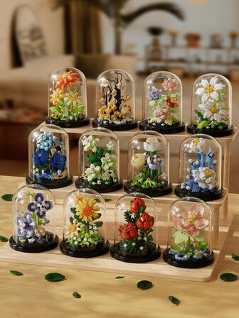 圣诞装饰 12 种款式花朵积木套装，DIY 郁金香、玫瑰、芙蓉、向日葵、百合、永生花 & 植物组装拼图玩具，适合女友生日、母亲节、情人节礼物房间装饰