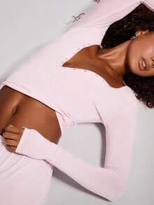 Women Y2k V Neck T Shirt Solid Color Slim Fit Long Sleeve Sexy Henley Shirts Button Ribbed Knit Slim Fit Basic Crop Tops Blouse Casual Going Out Tops Daily Streetwear Aesthetic Clothes - 粉色 - 查看 4
