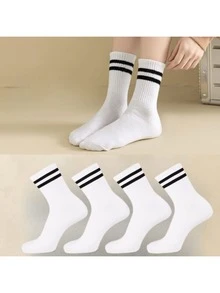 4 双女式白色条纹休闲运动舒适透气中筒袜，秋季 - 白色 - 查看 4