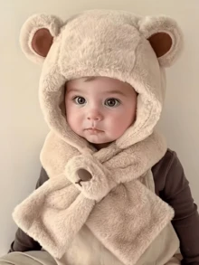1pc Baby Hat & Scarf Set, Cute & Adorable Bear Design, Warm & Thick Plush All-In-One Hat, Autumn/Winter - 1PC - View 6