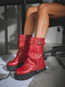 Punk Women's Motorcycle Boots Round Toe Buckle Straps Side Zipper Slouchy Wide Calf Thick Sole Mid Calf Boots Outdoor Activites Party Cosplay Combat Boots - 紅色 - 查看 1