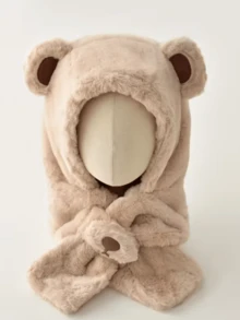 1pc Baby Hat & Scarf Set, Cute & Adorable Bear Design, Warm & Thick Plush All-In-One Hat, Autumn/Winter - 1PC - View 4