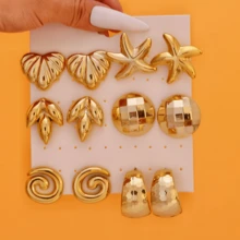 6 perechi de cercei pentru femei, din aur, cu model geometric neregulat, la modă, CCB, transfrontalier european și american, cu stil retro și simplu, cercei cu elemente de frunze de arțar și inimă de stea de mare, potriviți pentru festivaluri zilnice, întâlniri, banchete și cadouri de înaltă calitate pentru prieteni și mame - Aur 1 - Vizualizare 5