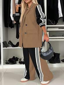 Fashionable & Elegant Women's Color Block Cuff Ribbed Hem Splice Tape Office Casual Suit Set, Suitable For Commuting, Business, And Casual Daily Wear Spring - Black and Khaki - View 5