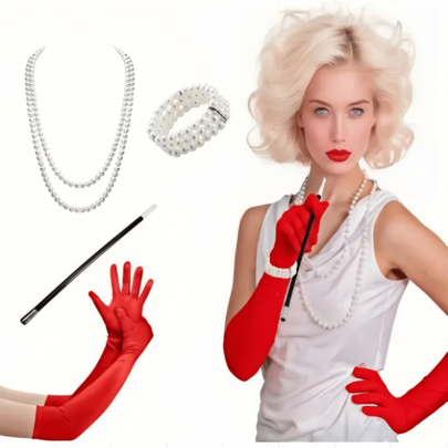 Conjunto de ropa de mujer de 4 piezas con estilo vintage - Accesorios elegantes para sesiones de fotos y fiestas de maquillaje - Ropa retro inspirada en los años 1920 a 1950 - Exquisita colección de vestir - Adecuado para actuaciones y eventos temáticos - Inspirado en la moda clásica del cine y la televisión