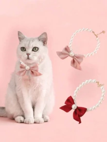 1pc Pet Cat Pearl Necklace, Cute Pearl Bow Tie Collar, Suitable For Small/Medium Dogs And Cats, Pet Christmas Decorative Necklace - Multicolor - View 6