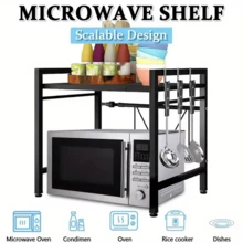 1pc Expandable Stainless Steel Microwave Rack With Shelf, Countertop Kitchen Storage Rack, Metal Kitchenware Organizer, Suitable For Toaster, Air Fryer, Rice Cooker And Other Vertical Countertop Appliances. Space-Saving And Easy To Install - Black - View 5