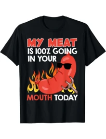 BBQ MY MEAT IS 100 % GOING IN YOUR MOUTH Funny  Graphic Print Tee,Unisex Cotton Casual T-Shirt - 黑色 - 查看 1