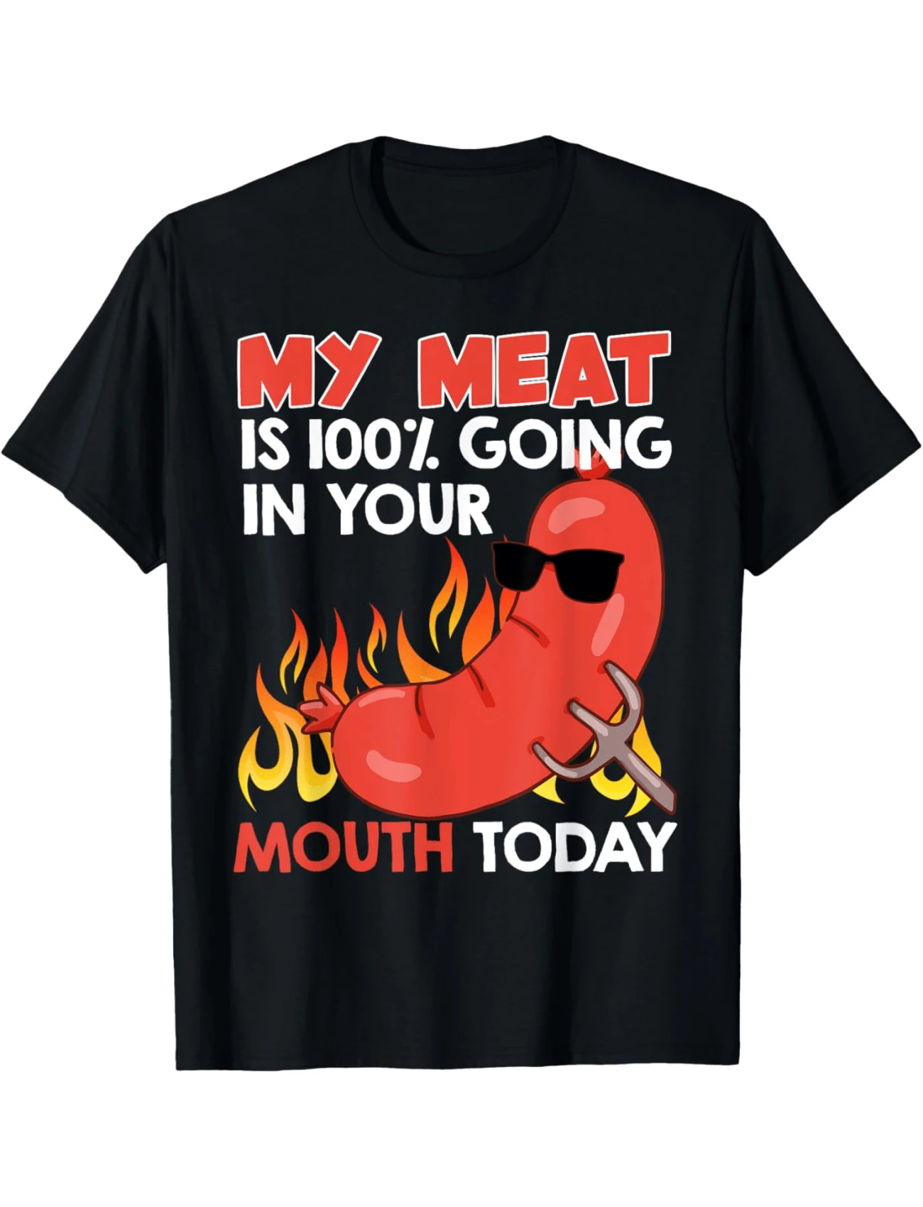 BBQ MY MEAT IS 100 % GOING IN YOUR MOUTH Funny  Graphic Print Tee,Unisex Cotton Casual T-Shirt - 黑色 - 查看 1