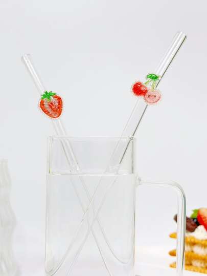 1pc Fruit Series Reusable Glass Straw, Transparent Smoothie, Bubble Tea, Juice, Milk, Cocktail, Cold Drink Curved Glass Straw