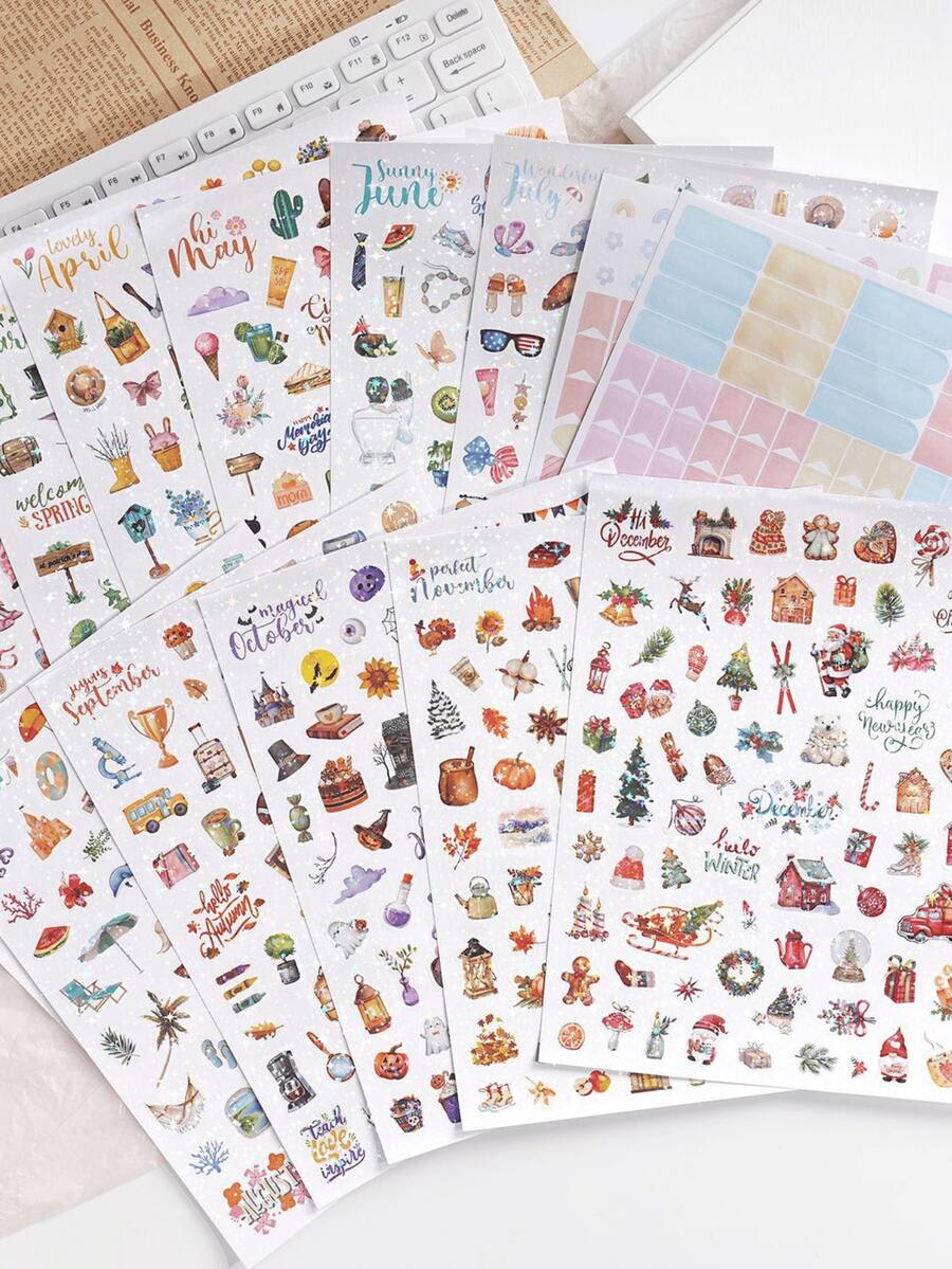 1050+ piezas/paquete Pegatinas planificador mensual de celebraciones, etiquetas de fecha de calendario de enero a diciembre, tono de color suave, pegatinas láser brillantes para decoración de calendario, planificación, scrapbooking - Feriados, eventos estacionales y generales (14 hojas) papelería manualidades libro de sticker estikers