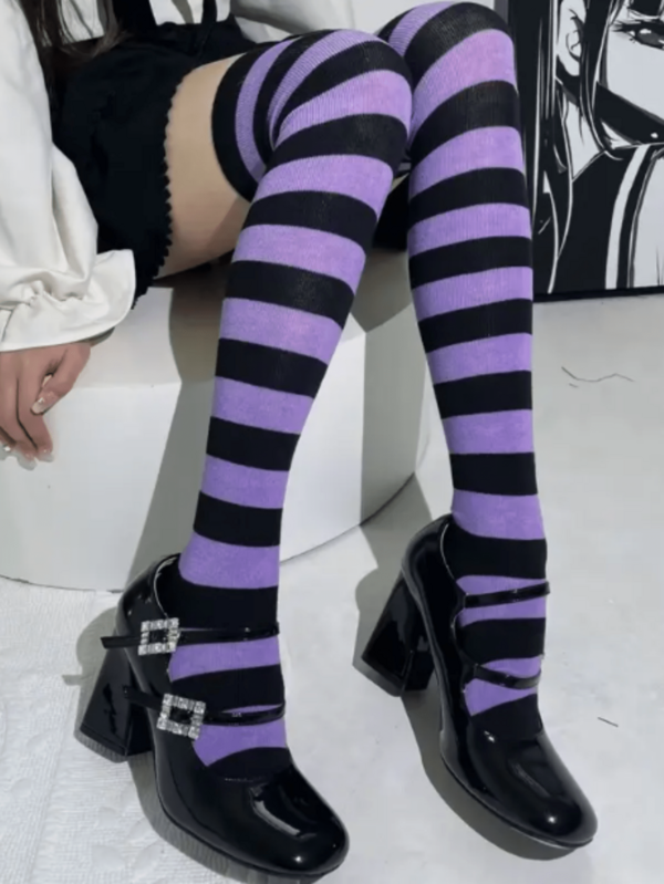 3 Pairs Women's Thigh High Socks, Striped Contrast Color, Anime JK Style Versatile Daily Wear, Indoor Casual Socks, Playful & Quirky Costume Accessory