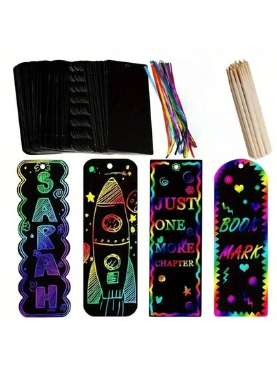 刮画书签DIY手工套装 - 12/24/36/48包彩虹纸书签，手绘 - 创意派对礼品、礼物标签和书签制作套装