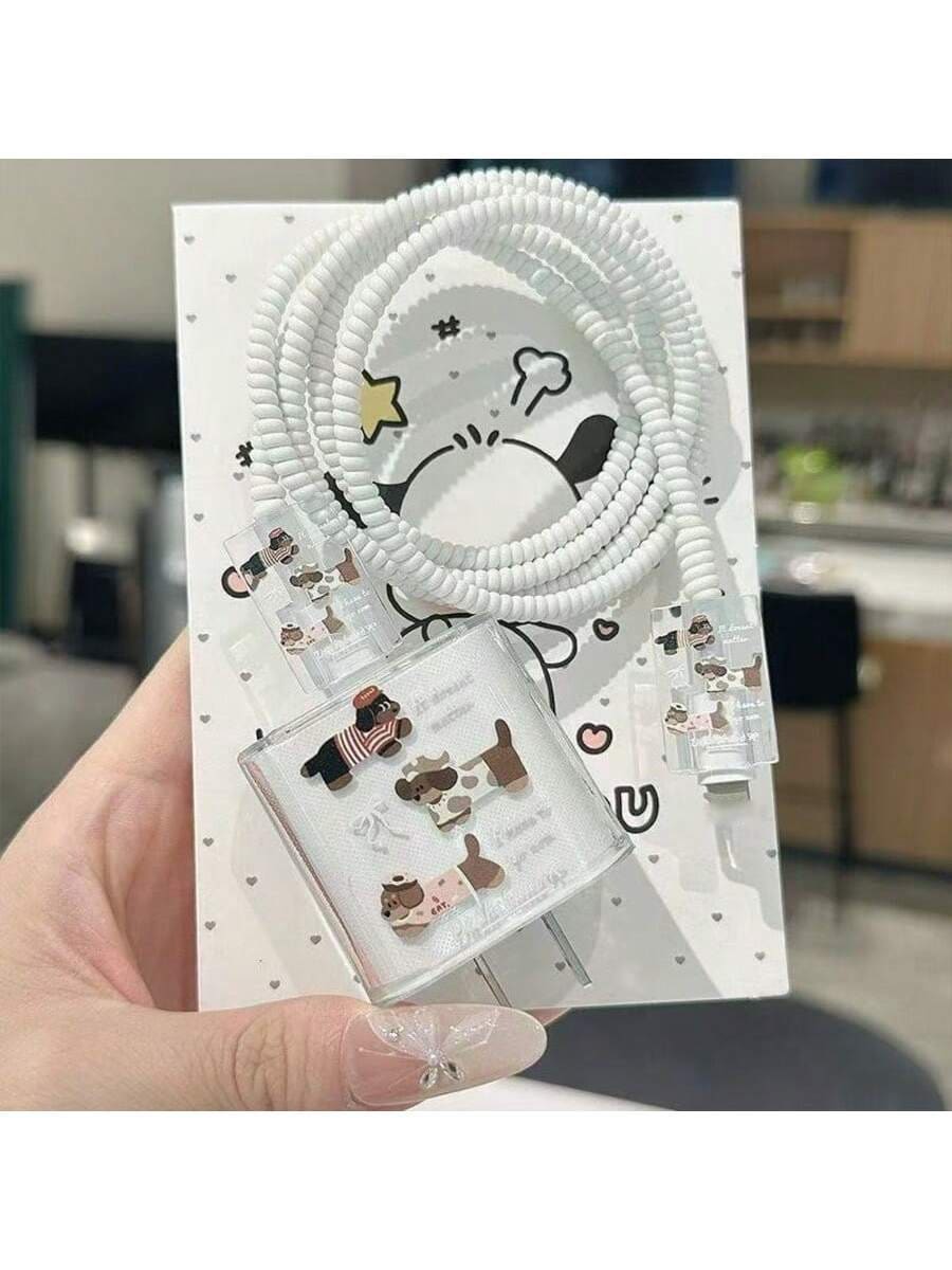 新款 18/20W 耐用充电线保护套套装，狗狗波点图案，TPU 保护壳，兼容 16/15/13/14 充电器，防断裂线缆整理器 - 彩色 - 查看 1