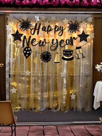 1条新年除夕横幅，黑色闪光，新年除夕装饰横幅，适合新年除夕派对装饰