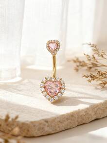 1pc Sexy Luxury Heart Shaped Cubic Zirconia Belly Button Ring, Women's Body Piercing Jewelry For Party