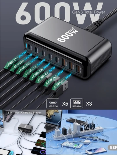 Bộ sạc USB-C 600W, 140W, trạm sạc nhanh 8 cổng GaN III, bộ sạc laptop PD 3.1 140W tương thích với MacBook Pro/Air, Steam Deck, Galaxy S24
