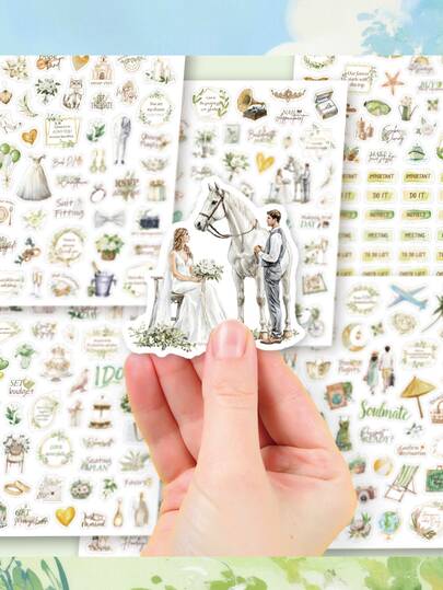 6 Elegant Green Wedding Stickers For Decorating Wedding Scrapbooks, Guestbooks, Engagement Journals, Party Favors, Wedding Invitations, Greeting Cards, Planners, And More. Waterproof DIY Romantic Craft Stickers. Scrapbook Supplies Stationery