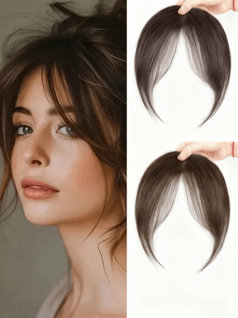 女士1/2片直发夹式刘海，优雅直发合成夹式假发，女士高温丝合成直发发片，蓬松侧刘海 - 优雅自然风格，高温丝材质，易于佩戴，时尚日常佩戴假发，时尚发饰 | 自然外观 | 简约风格，发夹，发爪，发夹，发卡，发卡