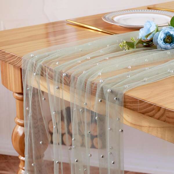 Sage Green Pearl Table Runner Boho Rustic Tulle Lace Table Runner For Baby Bridal Shower Wedding Arch For Spring Summer Pearl Table Cloth Decor