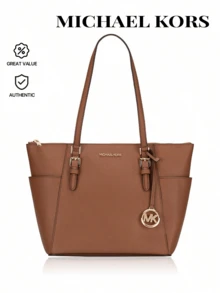Michael Kors Túi xách tay tote kim loại có khóa kéo và logo Charlotte cỡ lớn - Túi xách tay kim loại thời trang thiết kế sang trọng, sẵn sàng cho mùa thu đông - Quà tặng Giáng sinh - Trang phục thiết yếu hàng ngày - Cặp học sinh/Túi công sở/Đồ dùng du lịch/Trang phục du lịch/Túi đựng sách/Túi đựng máy tính xách tay/Túi du lịch cho bé gái - màu nâu - Xem 1