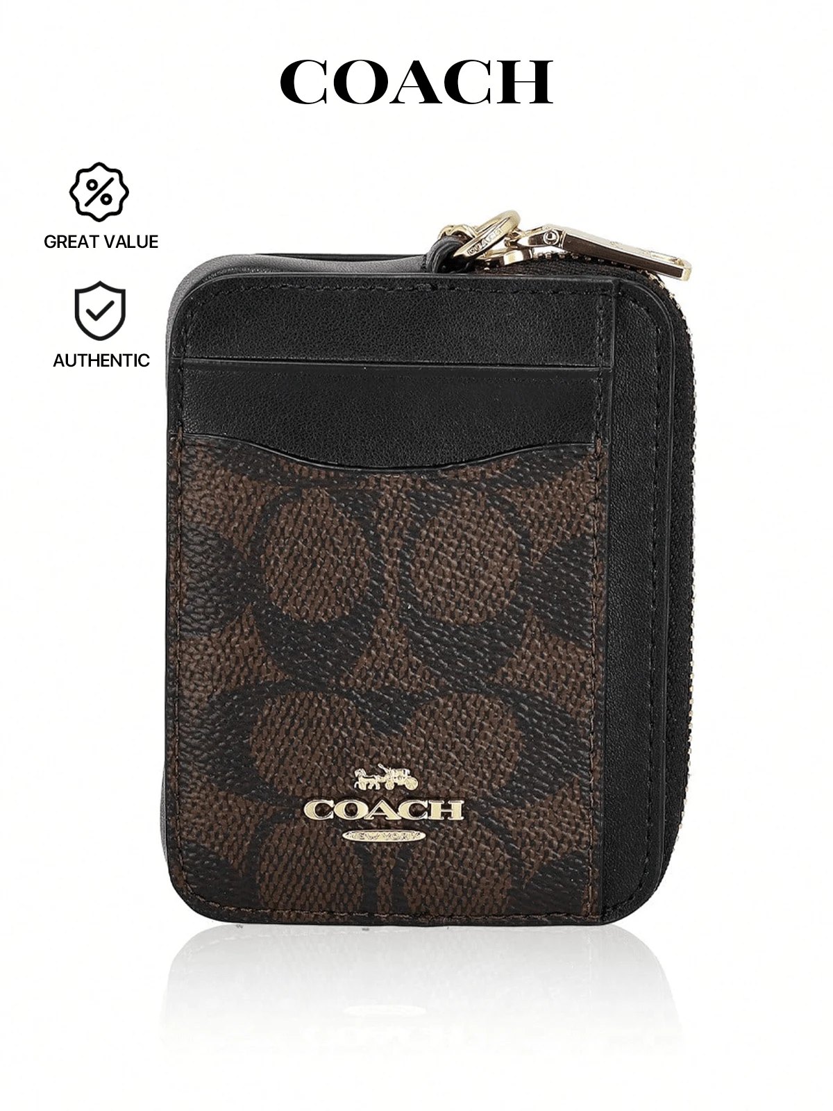 Coach Zip Card Case In Signature Canvas Mini Wallet - For Women Ladies Clutch Purses Small Wallet Bag Zip Wallets - Gift Present - Im/Walnut/Black - Genuine Authentic - Im/Walnut/Black - View 1