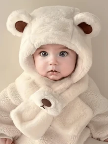 1pc Baby Hat & Scarf Set, Cute & Adorable Bear Design, Warm & Thick Plush All-In-One Hat, Autumn/Winter - 1PC - View 1