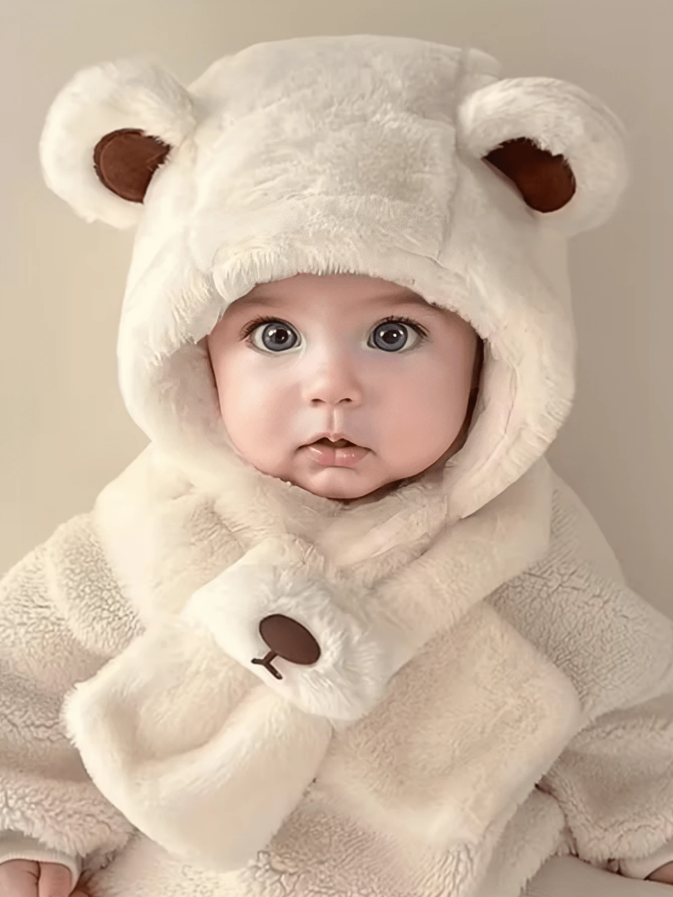 1pc Baby Hat & Scarf Set, Cute & Adorable Bear Design, Warm & Thick Plush All-In-One Hat, Autumn/Winter - 1PC - View 1