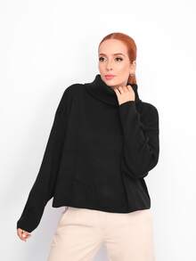 Women's High Neck Long Sleeve Knit Poncho Blouse - Elegant Basic Winter/Cold Weather Casual - Black - View 5