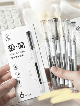 6支装液体填充圆珠笔，设计简洁时尚，采用速干黑色墨水，配备0.5毫米学生专用毛笔笔尖，适用于商务和办公场合。这些简约风格的针尖圆珠笔是返校季必备的文具用品。