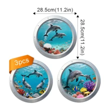 3pcs Ocean Turtle & Dolphin Wall Stickers,Toilet Stickers - Self-Adhesive Removable PVC Decals For Living Room & Bathtub