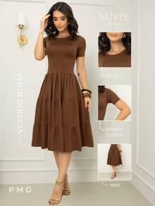 Midi Dress With Ruffles, Peasant Style, Short Sleeves, Delicate, Christmas, Casual, Wedding - Rỉ Nâu - Xem 3