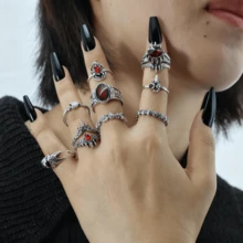 9 قطع مجموعة خواتم قابلة للتكديس بتصميم فضي عتيق، وردة سوداء جوتية، خفاش، قلب، طراز فامبير (للنساء)