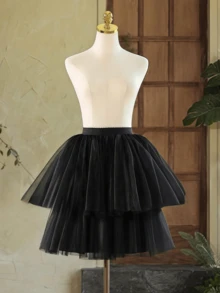 1pc Women's Black & White Cosplay Petticoat Lolita Everyday 55CM Front Short Back Long Skirt, Boneless Short Stiff Tulle Lolita Puffy Mesh Skirt, Suitable For Wedding, Christmas, New Year Party, Travel Photography