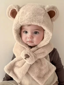 1pc Baby Hat & Scarf Set, Cute & Adorable Bear Design, Warm & Thick Plush All-In-One Hat, Autumn/Winter - 1PC - View 3