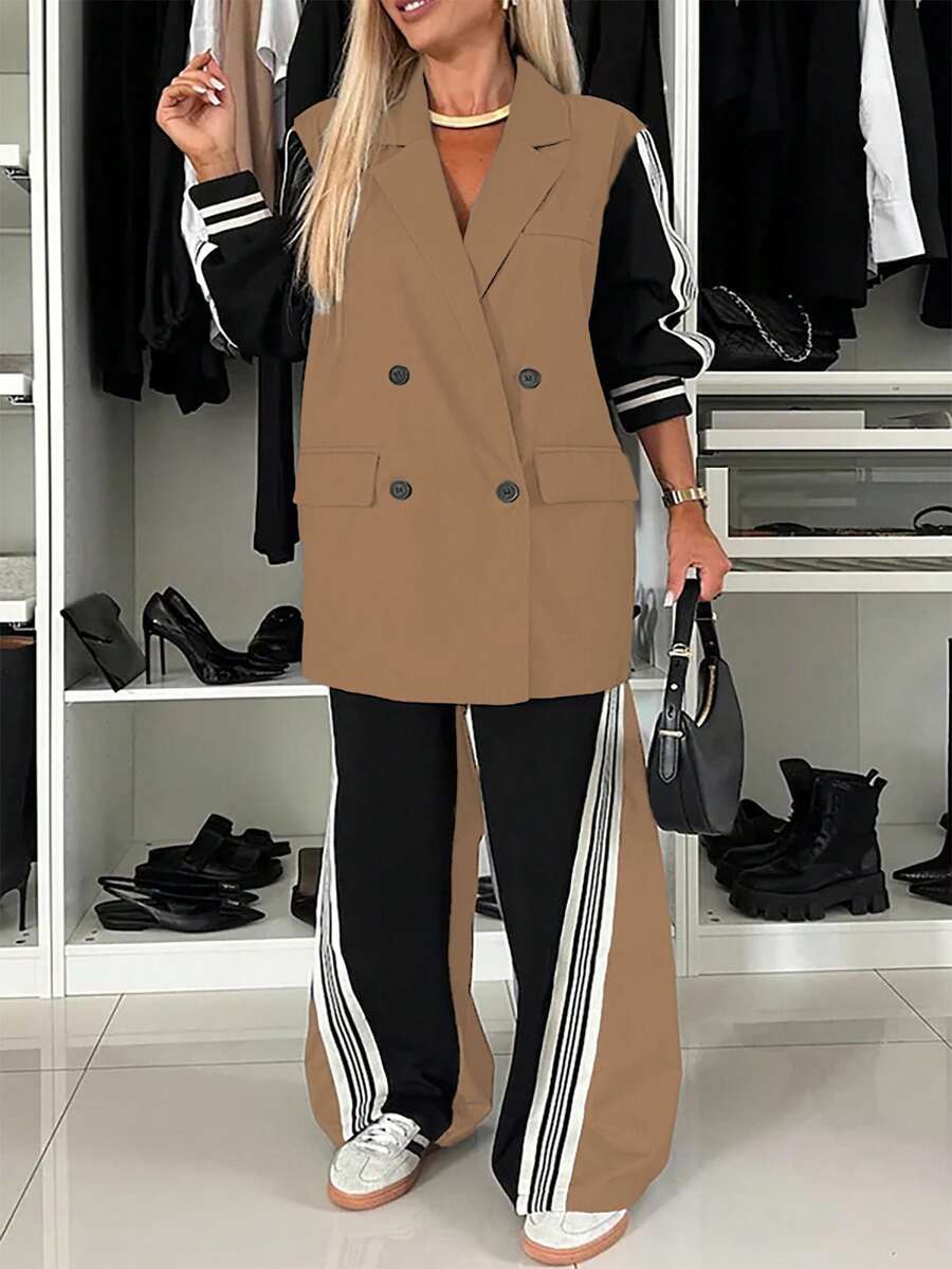 Fashionable & Elegant Women's Color Block Cuff Ribbed Hem Splice Tape Office Casual Suit Set, Suitable For Commuting, Business, And Casual Daily Wear Spring