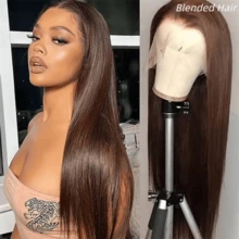Peruca Frontal de Renda Reta Marrom de 34 Polegadas com Densidade de 200%, Cabelo Misturado de 13x4 HD, Cabelo Misturado Humano Pré-Desfiado com Linha de Cabelo Natural e Cabelo Bebê para Uso Diário